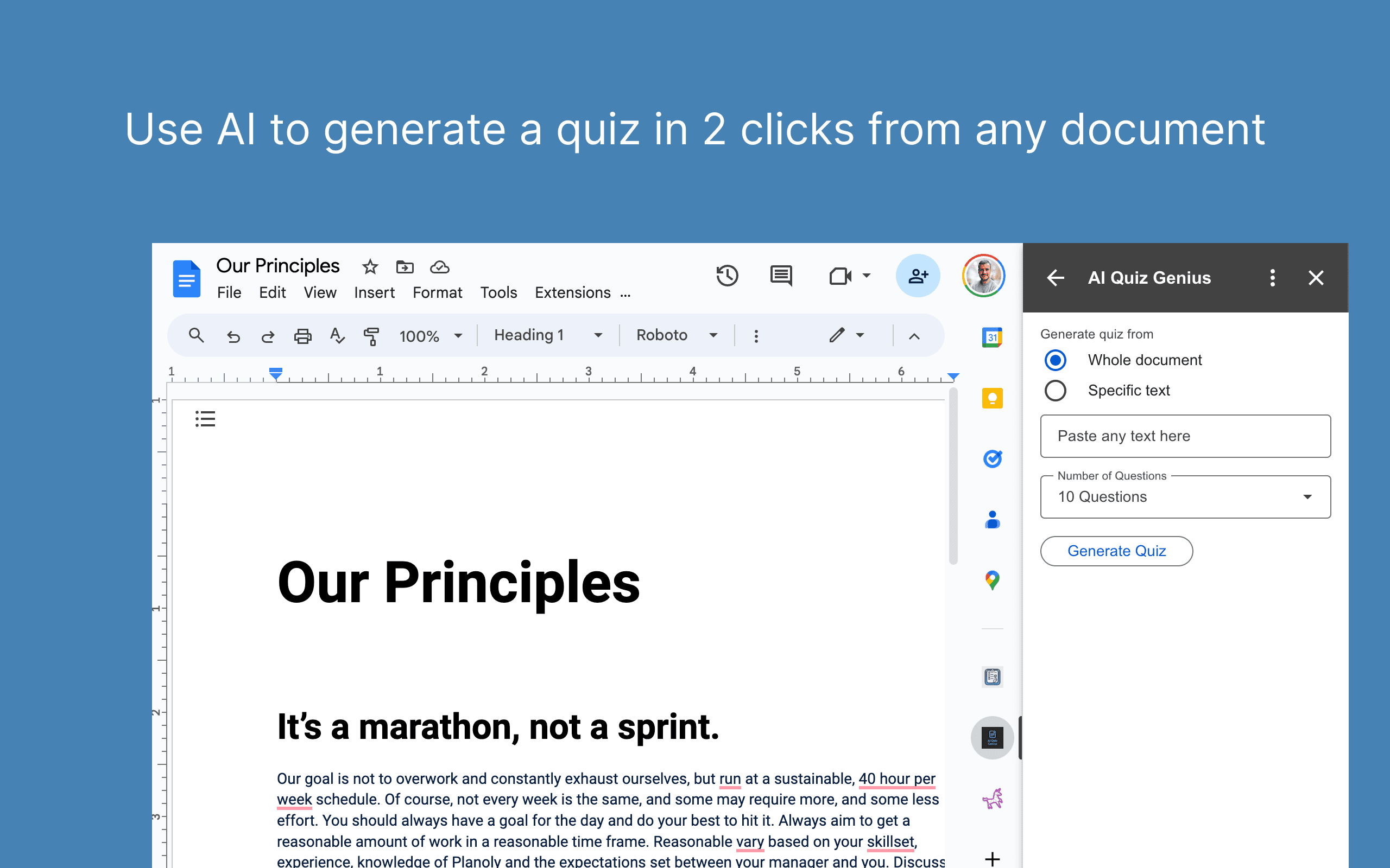 Use AI to generate a quiz in 2 clicks from any document